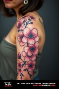 Blossoms tattoo, covering the sleeve of a woman, front view, high quality, detailed