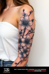 Blossoms tattoo, covering the sleeve of a woman, front view, high quality, detailed