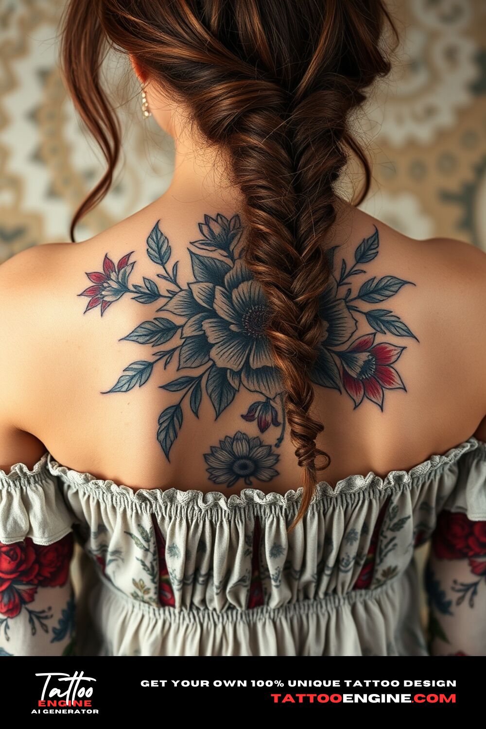 Bohemian floral tattoo, on back of a woman with a bohemian dress, back view, high quality, detailed