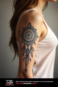 Bohemian half sleeve tattoo, on arm of a woman, wearing tank top, front view, high quality, detailed