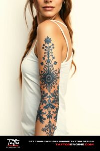 Bohemian tattoo, covering sleeve of a woman with tank top, front view, high quality, detailed