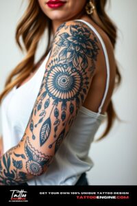 Bohemian tattoo, covering sleeve of a woman with white tank top, front view, high quality, detailed