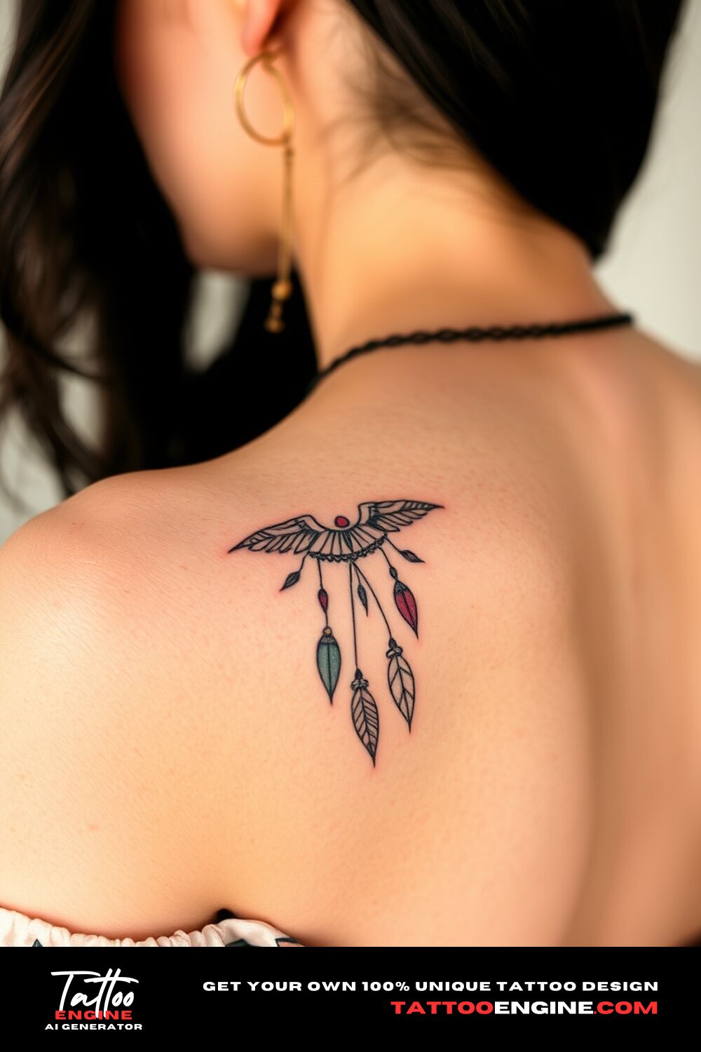 Bohemian tattoo, on back of a woman shoulder with a dress, back view, high quality, detailed