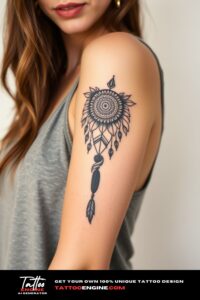 Bohemian tattoo, on half sleeve of a woman, wearing tank top, front view, high quality, detailed