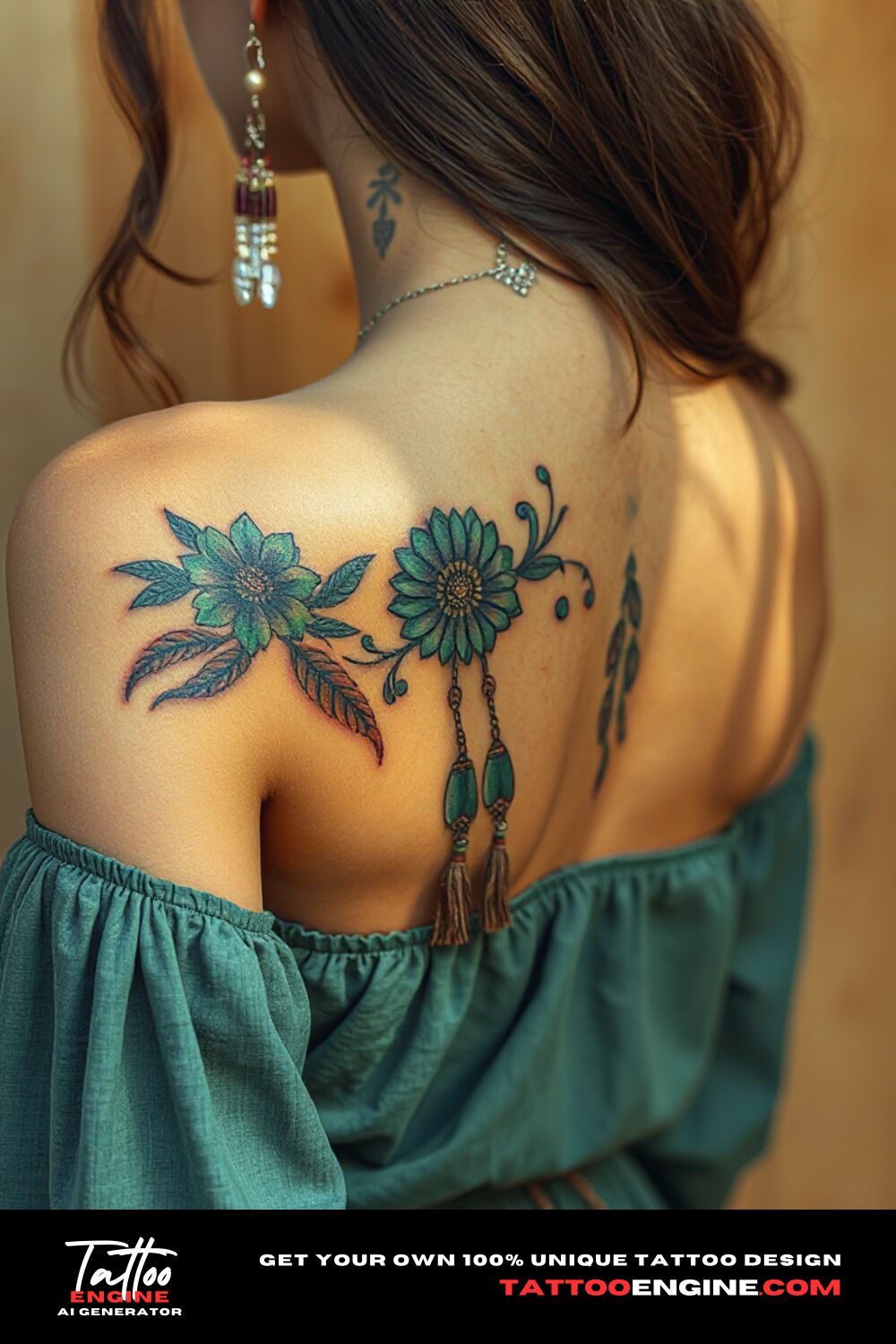 Bohemian tattoo, on back of a woman shoulder with a dress, back view, high quality, detailed 182518540