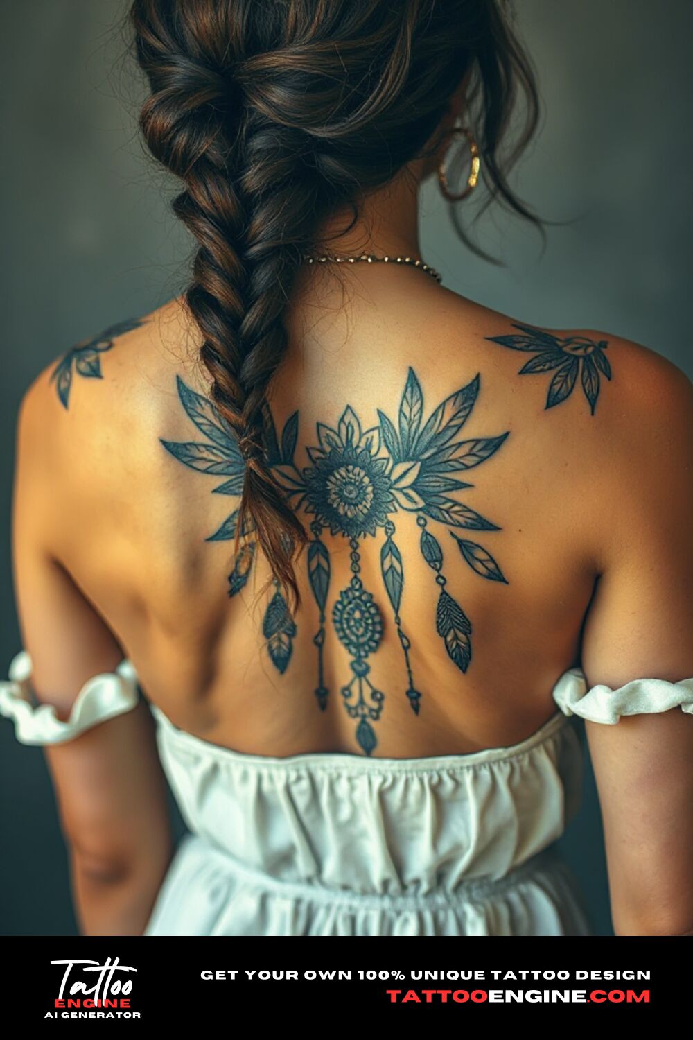 Bohemian tattoo, on back of a woman shoulder with a dress, back view, high quality, detailed 2056413132