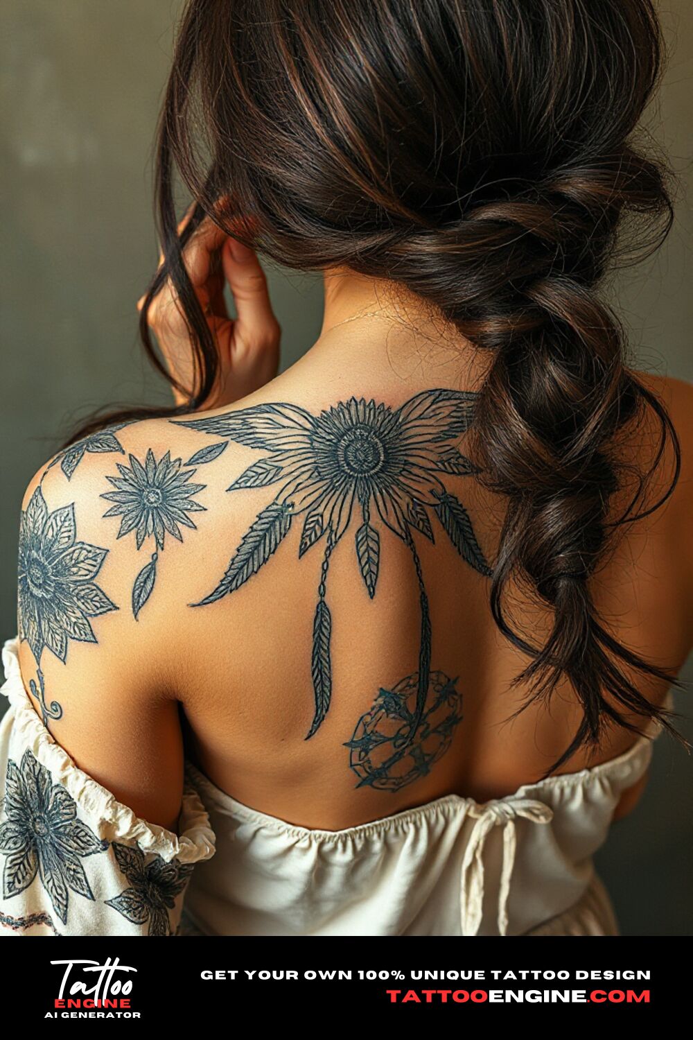 Bohemian tattoo, on back of a woman shoulder with a dress, back view, high quality, detailed 471017561