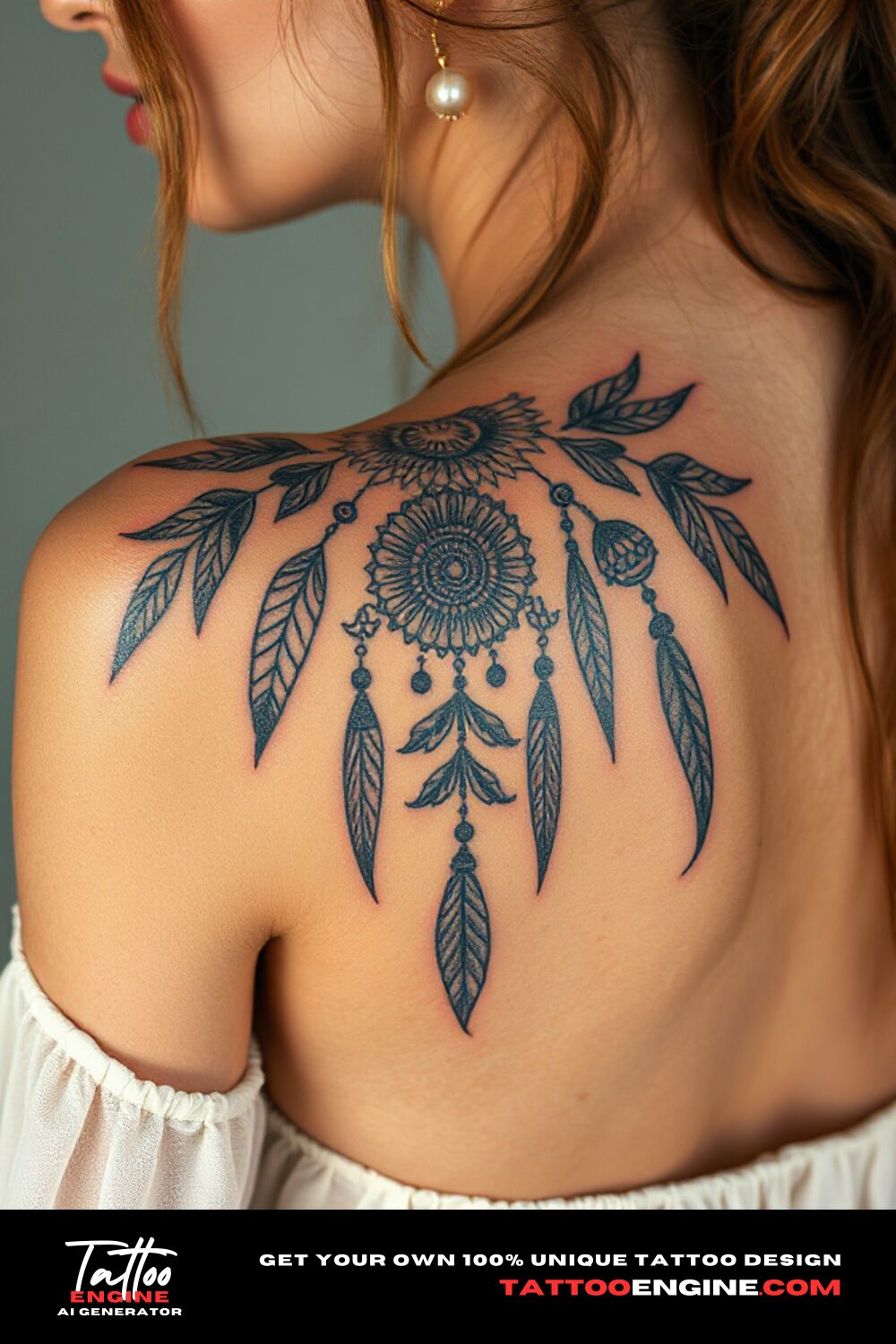 Bohemian tattoo, on back of a woman shoulder with a dress, back view, high quality, detailed 845303625