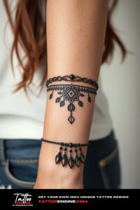 Boho bracelet tattoo, wrist of a woman, front view, high quality, detailed