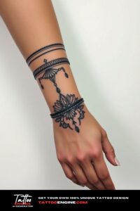 Boho bracelet tattoo, wrist of a woman, front view, high quality, detailed