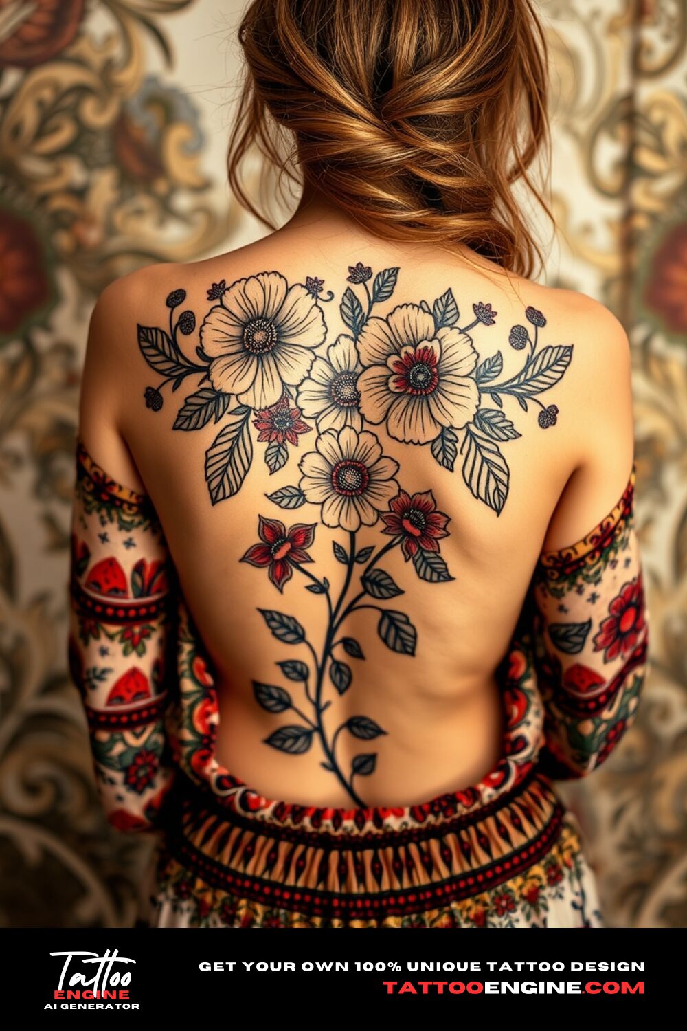 Boho floral tattoo, on back of a woman with a bohemian dress, back view, high quality, detailed