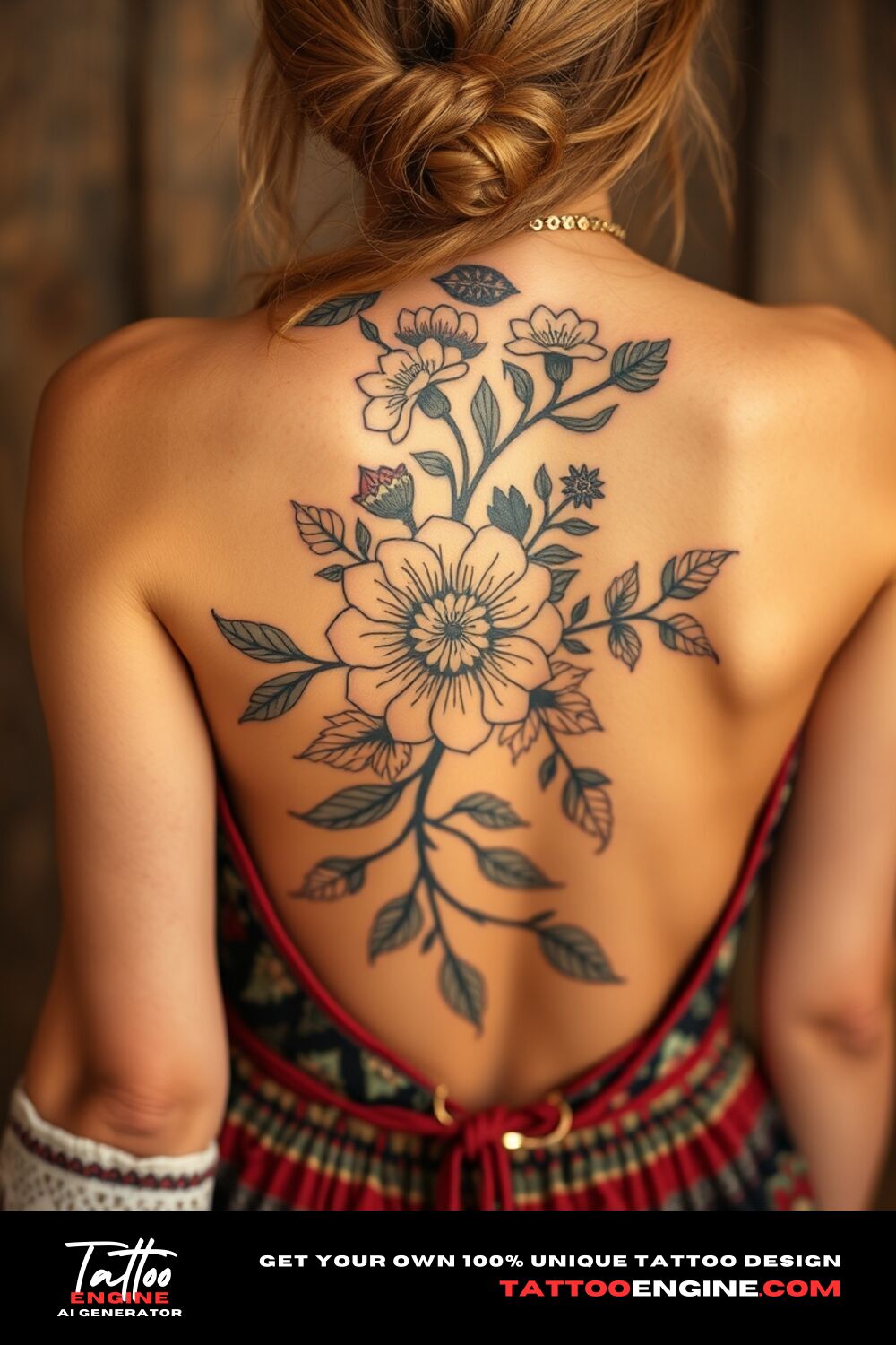 Boho floral tattoo, on back of a woman with a bohemian dress, back view, high quality, detailed