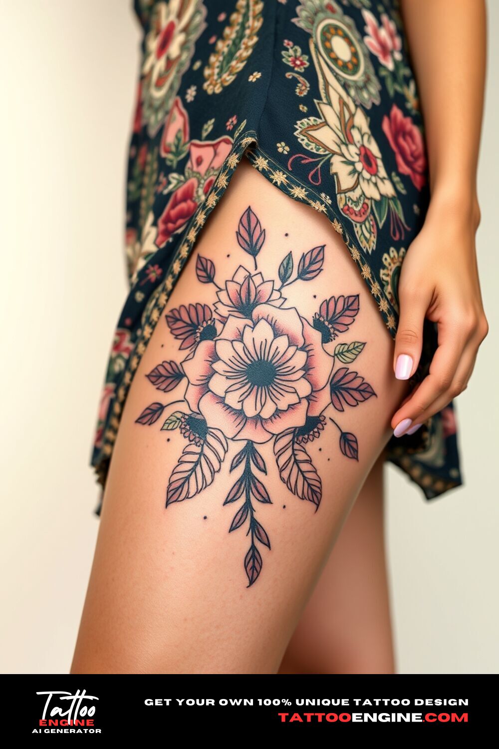 Boho floral tattoo, on front thigh of a woman with a bohemian dress, front view, high quality, detailed