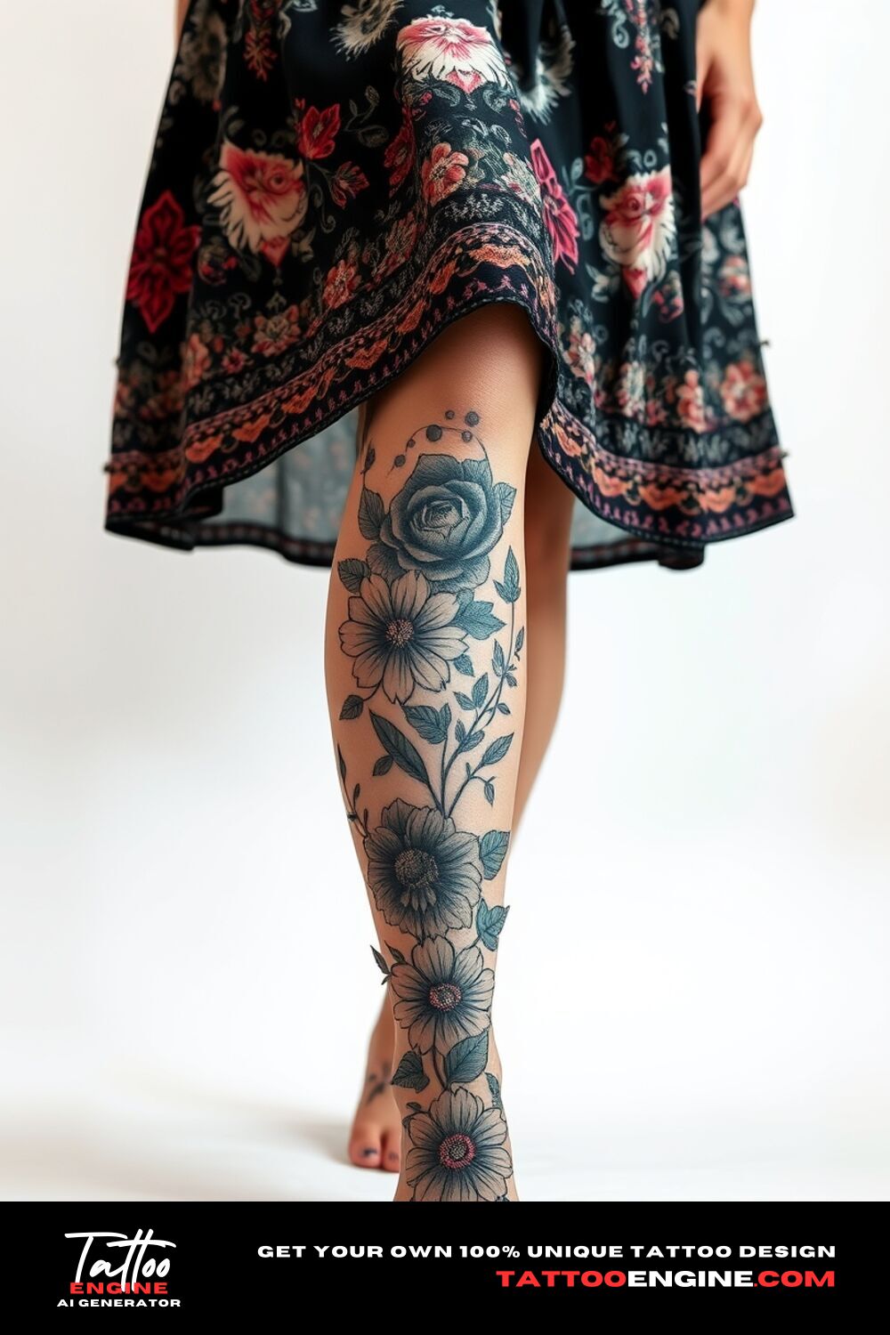 Boho floral tattoo, on leg of a woman with a bohemian dress, front view, high quality, detailed