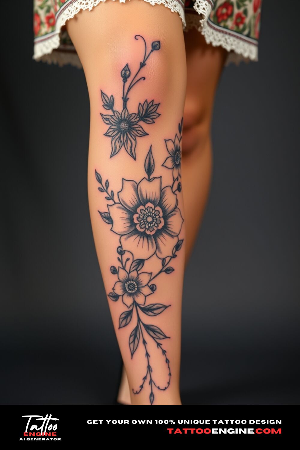 Boho floral tattoo, on leg of a woman with a bohemian dress, front view, high quality, detailed