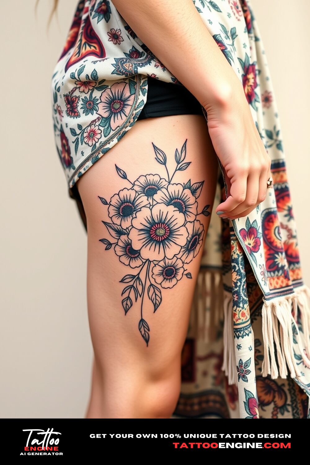 Boho floral tattoo, on thigh of a woman with a bohemian dress, side view, high quality, detailed