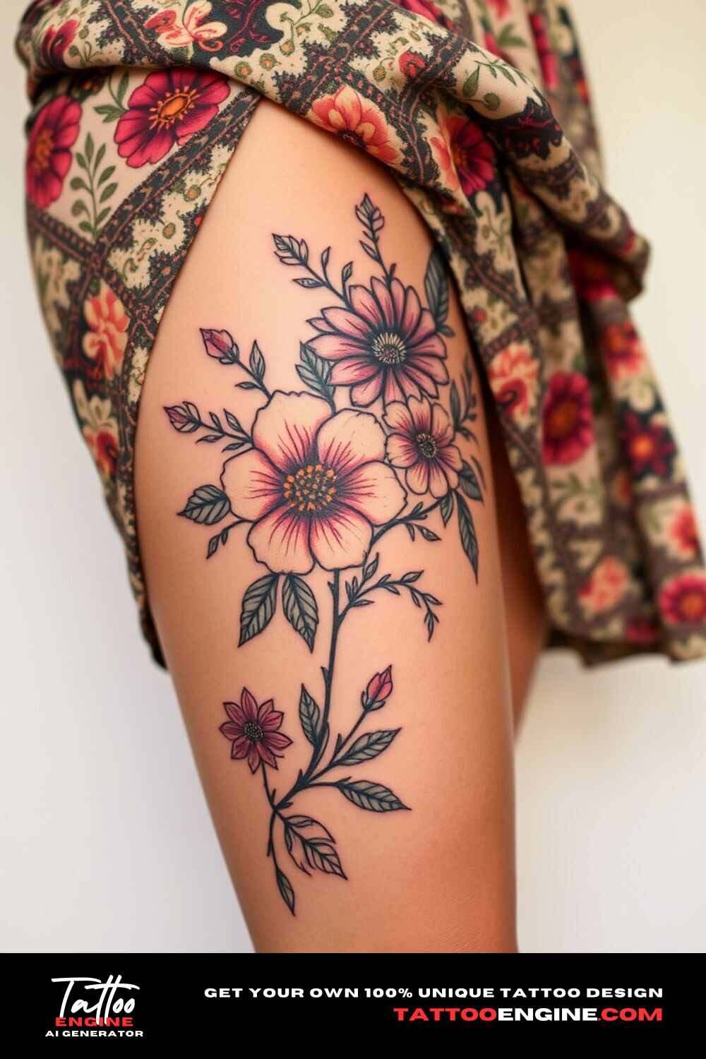 Boho floral tattoo, on thigh of a woman with a bohemian dress, side view, high quality, detailed