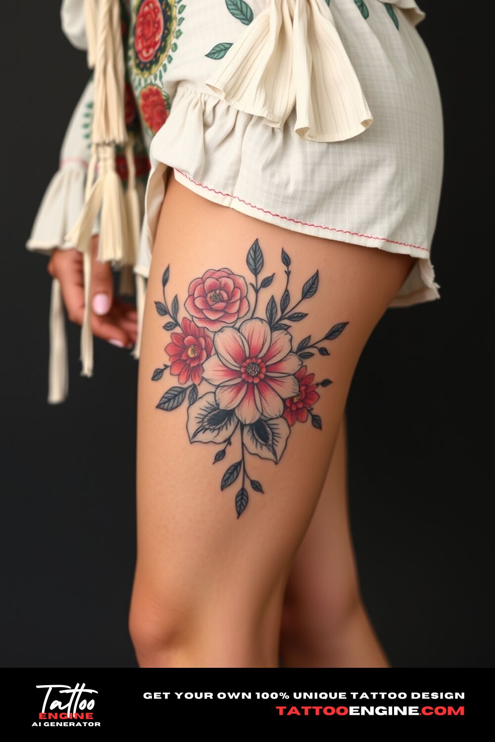 Boho floral tattoo, on thigh of a woman with a bohemian dress, side view, high quality, detailed