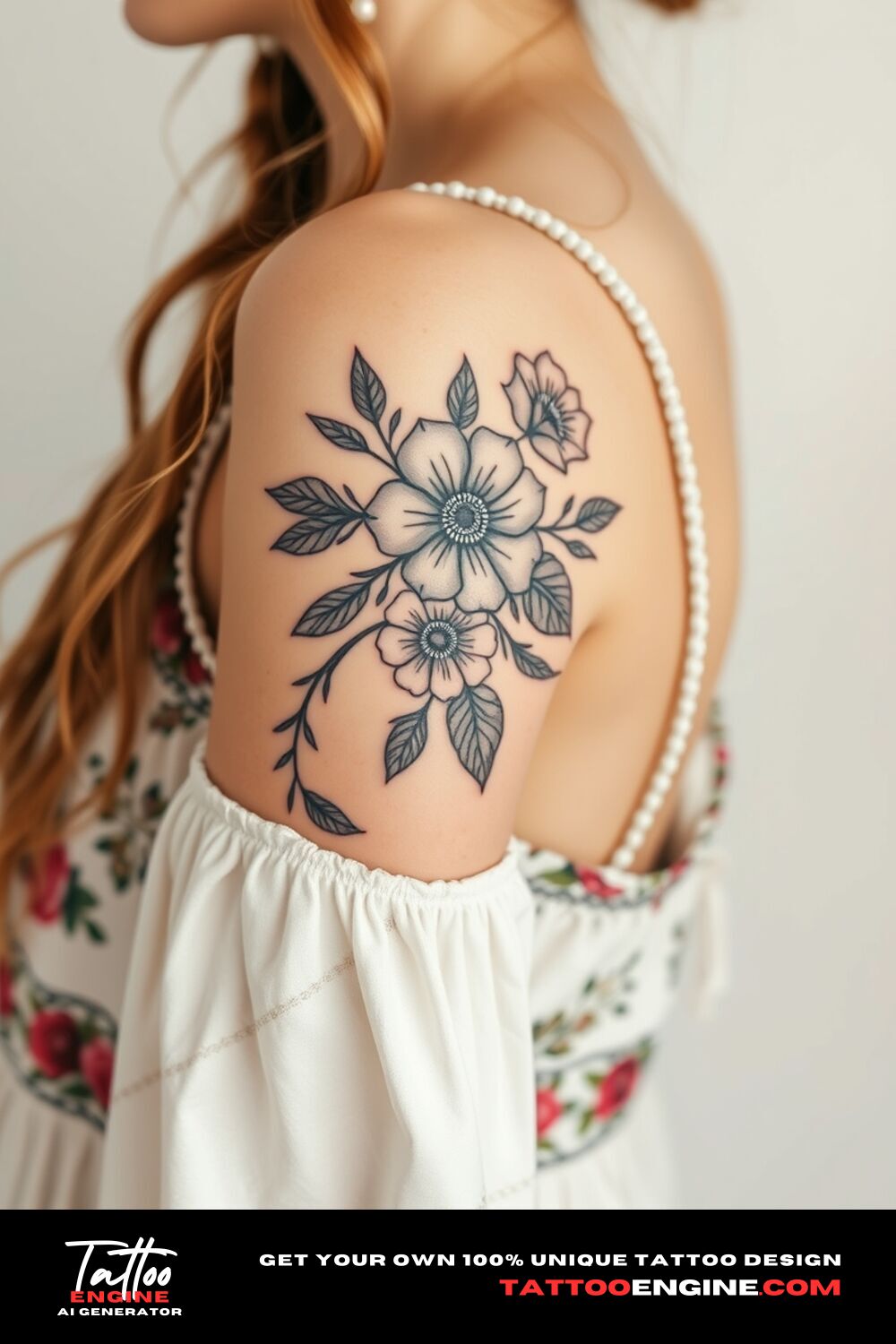 Boho floral tattoo, on upper arm of a woman with a bohemian dress, side view, high quality, detailed