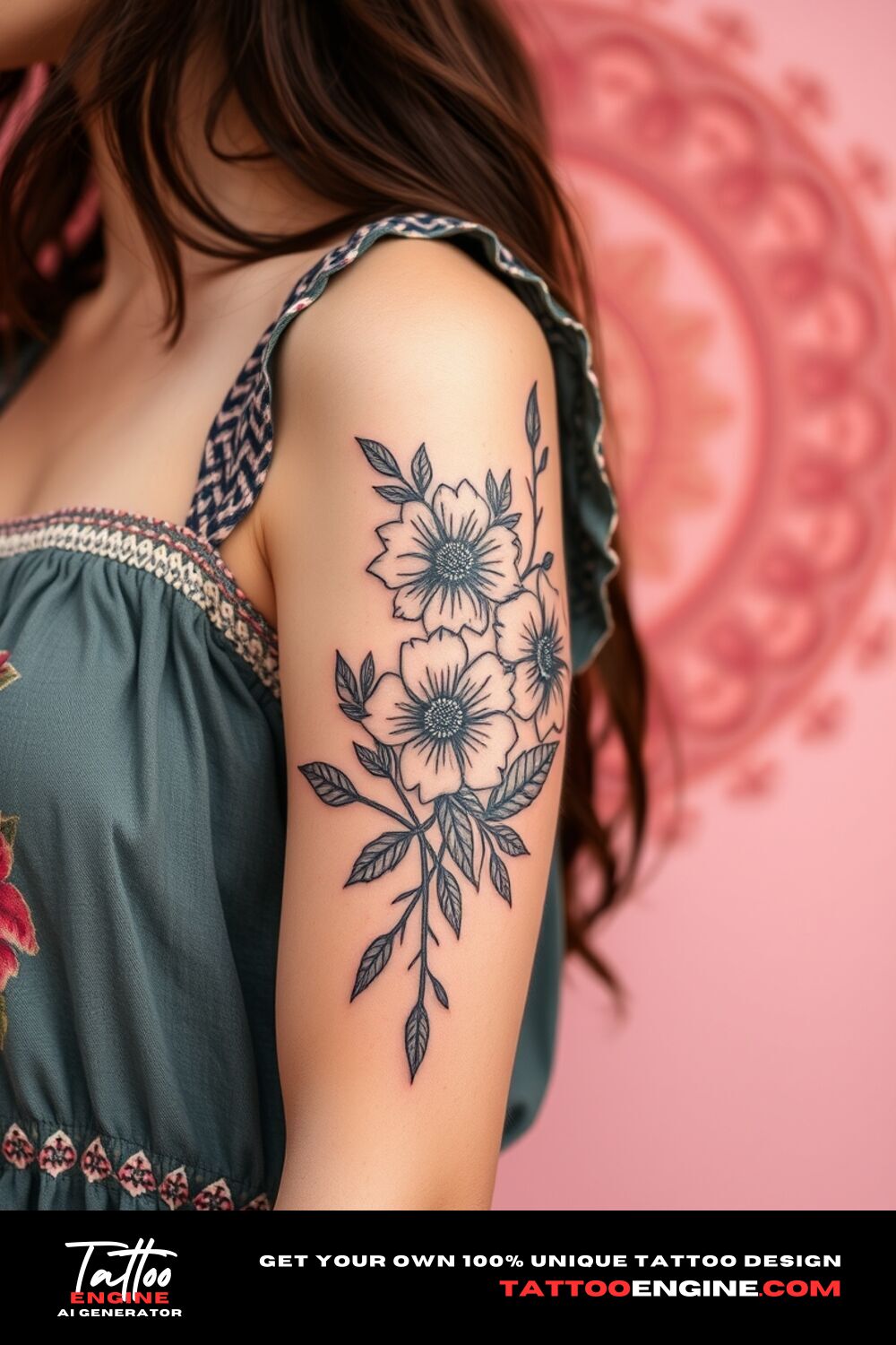 Boho floral tattoo, on upper arm of a woman with a bohemian dress, side view, high quality, detailed