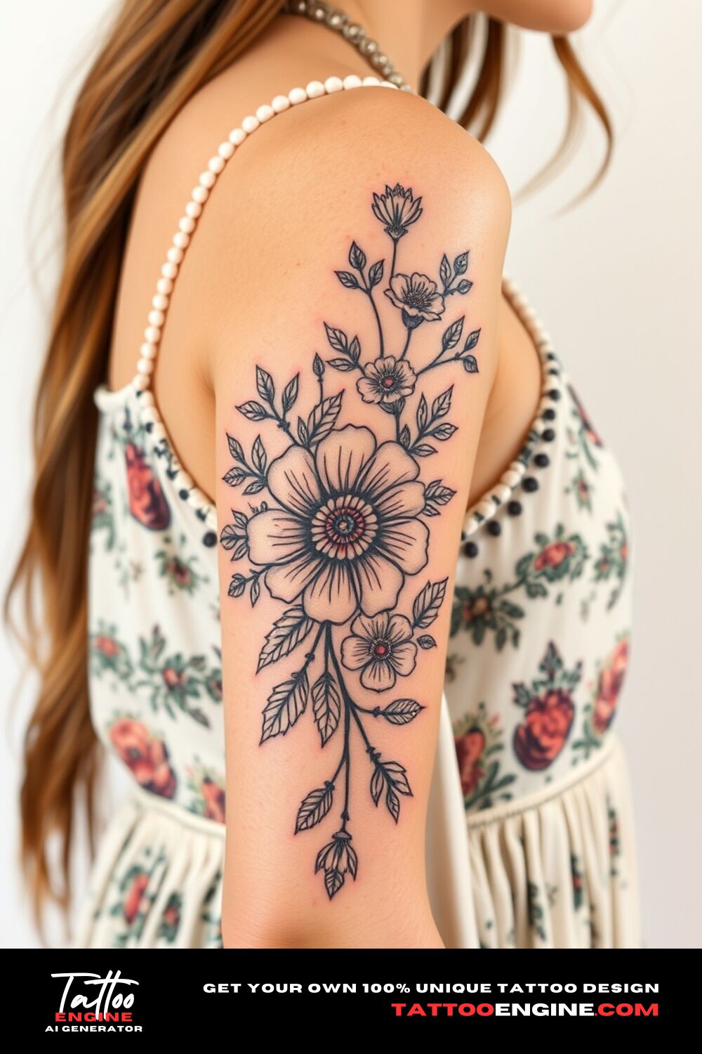 Boho floral tattoo, on upper arm of a woman with a bohemian dress, side view, high quality, detailed