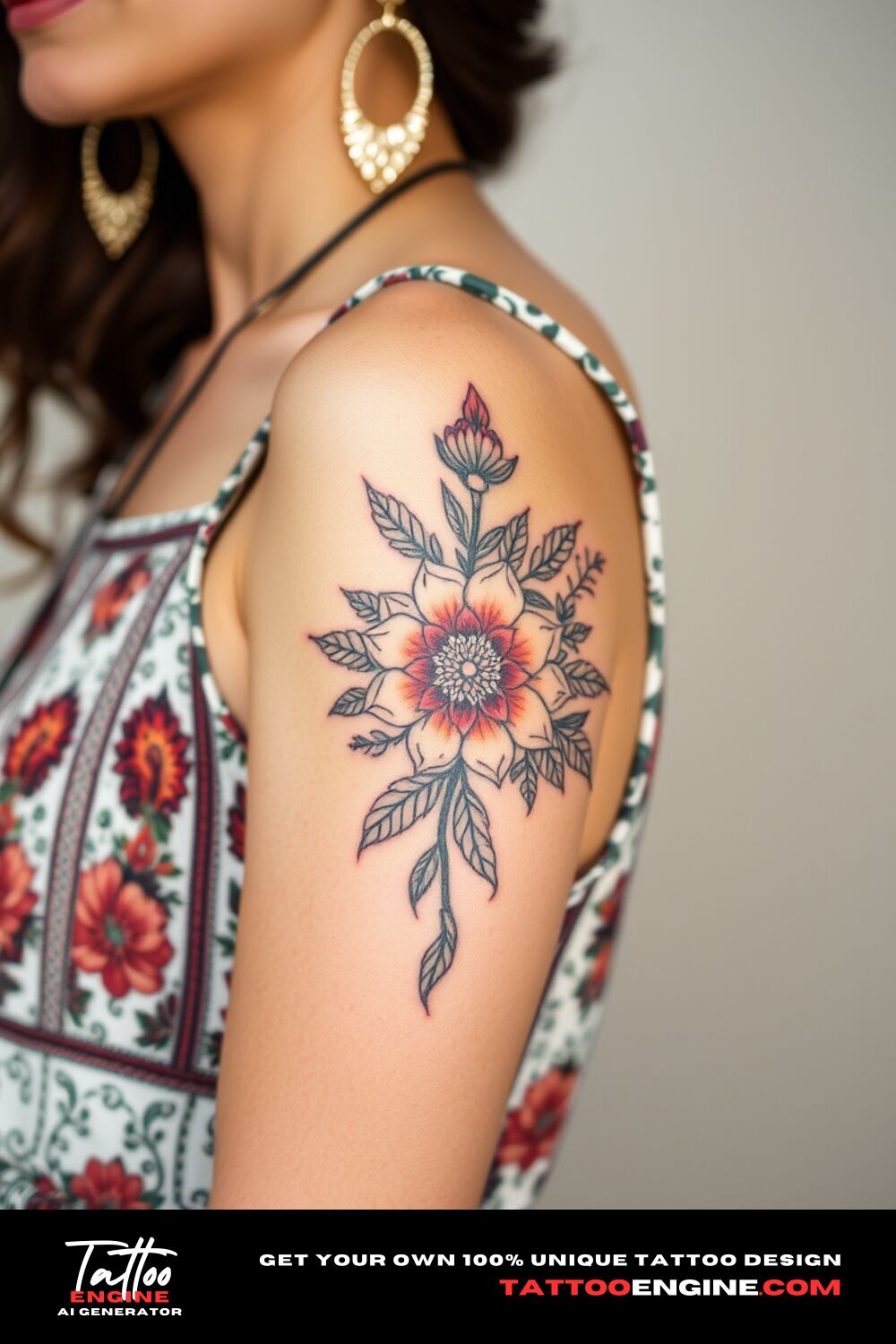 Boho floral tattoo, on upper arm of a woman with a bohemian dress, side view, high quality, detailed