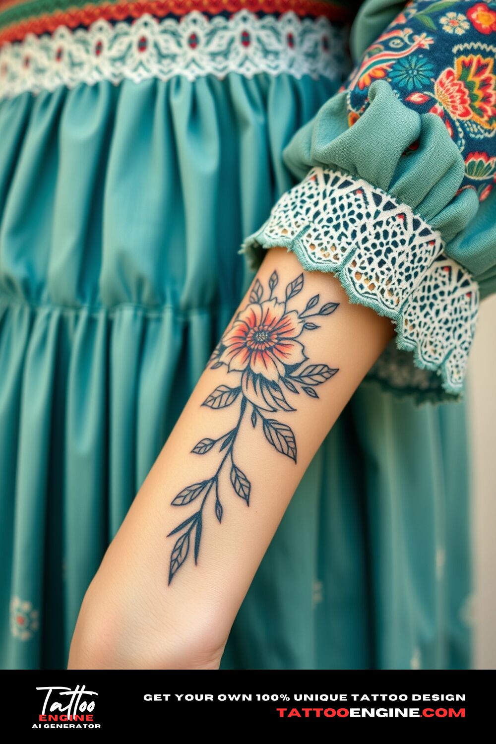 Boho floral tattoo, on wrist of a woman with a bohemian dress, front view, high quality, detailed