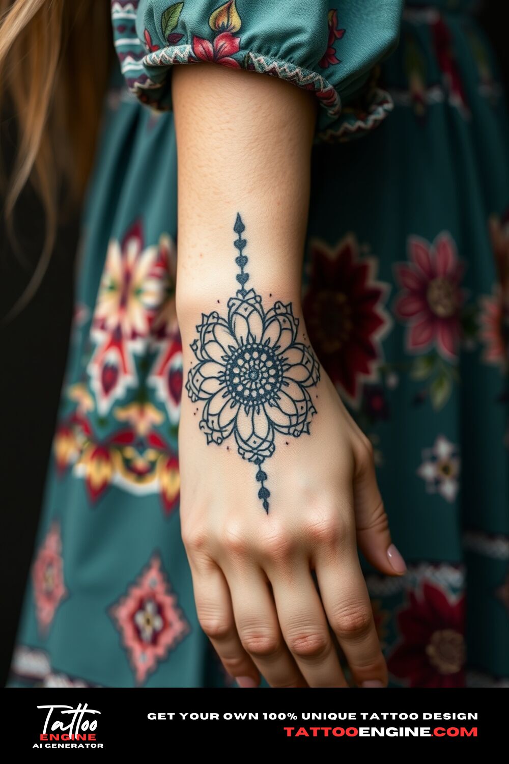 Boho mandala paired with flowers tattoo, on wrist of a woman with a bohemian dress, side view, high quality, detailed