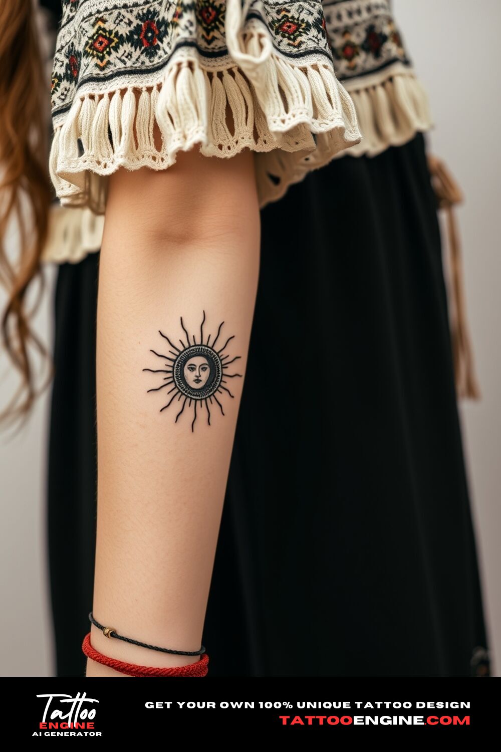 Boho sun and moon tattoo, on wrist of a woman with a bohemian dress, side view, high quality, detailed