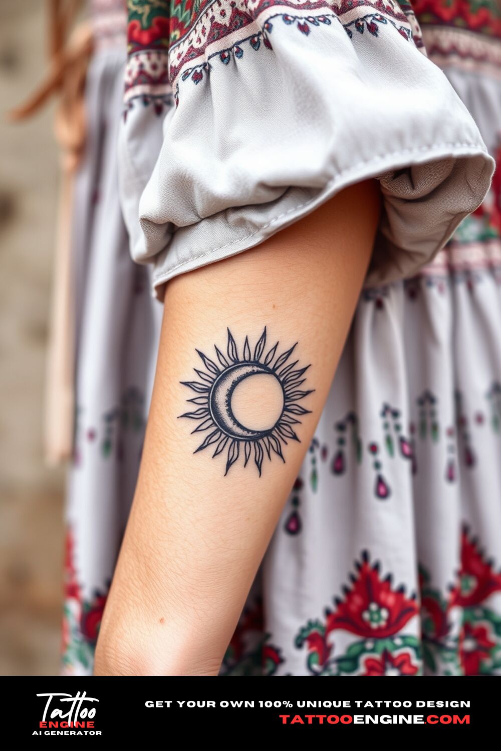 Boho sun and moon tattoo, on wrist of a woman with a bohemian dress, side view, high quality, detailed