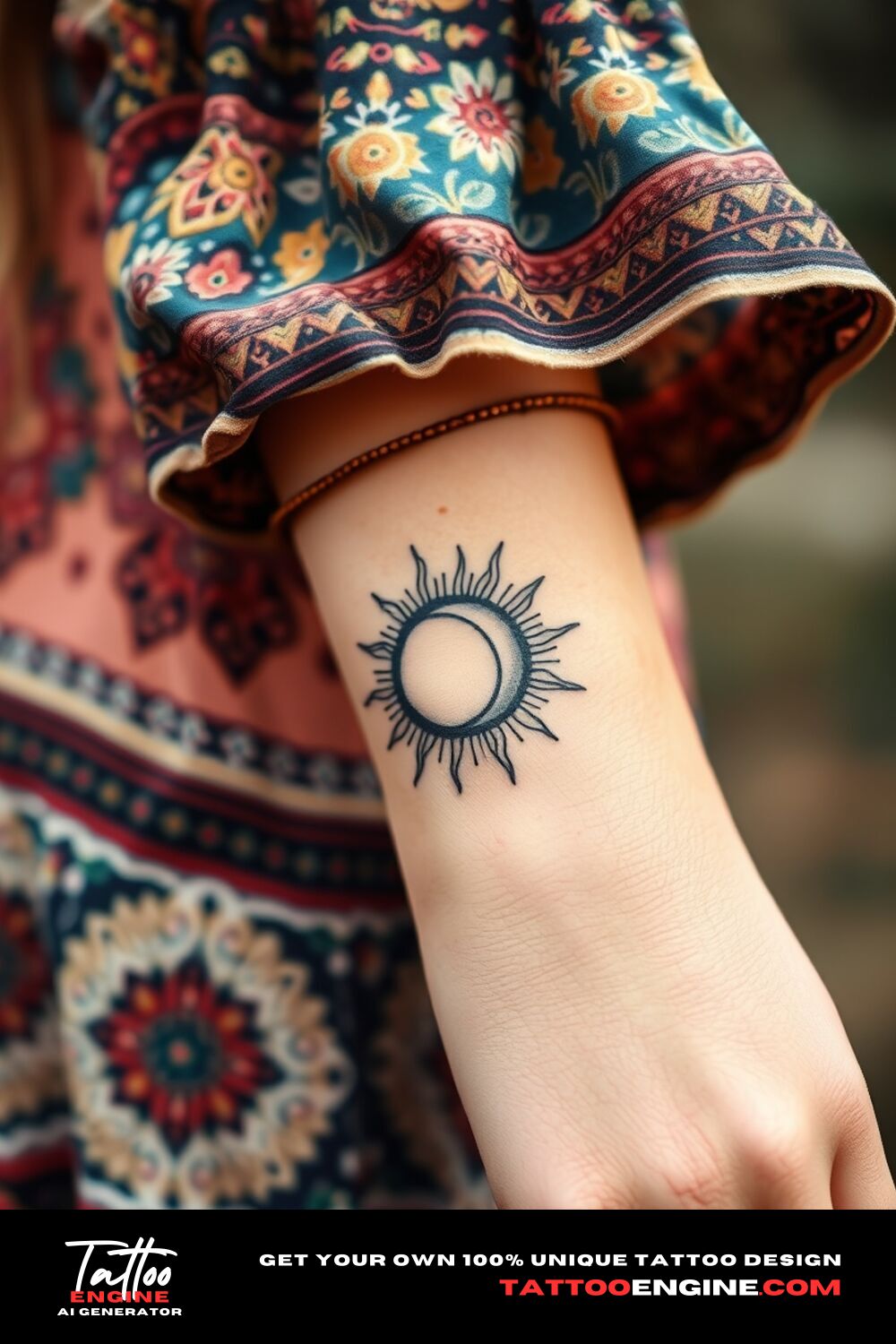 Boho sun and moon tattoo, on wrist of a woman with a bohemian dress, side view, high quality, detailed