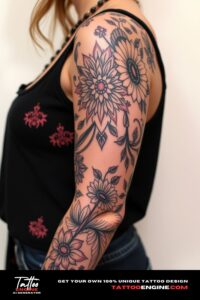 Boho tattoo, covering sleeve of a woman, front view, high quality, detailed