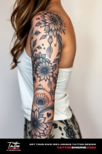 Boho tattoo, covering sleeve of a woman, front view, high quality, detailed