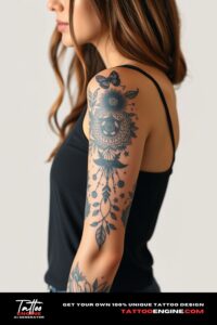 Boho tattoo, covering sleeve of a woman with tank top , front view, high quality, detailed