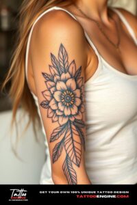 Boho tattoo, covering sleeve of a woman with tank top , front view, high quality, detailed