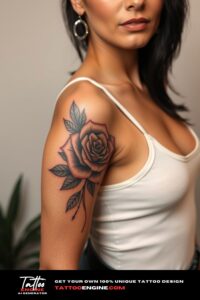 Bold half sleeve tattoo for women, on arm of a woman, wearing tank top, front view, high quality, detailed