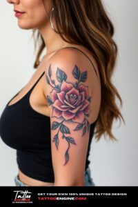 Bold half sleeve tattoo for women, on arm of a woman, wearing tank top, front view, high quality, detailed