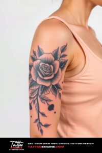 Bold half sleeve tattoo for women, on arm of a woman, wearing tank top, front view, high quality, detailed