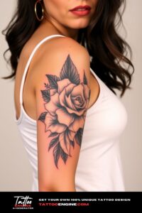 Bold half sleeve tattoo for women, on arm of a woman, wearing tank top, front view, high quality, detailed