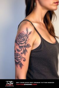 Bold half sleeve tattoo for women, on arm of a woman, wearing tank top, front view, high quality, detailed