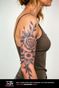 Bold half sleeve tattoo for women, on arm of a woman, wearing tank top, front view, high quality, detailed