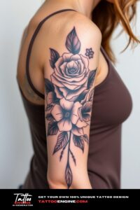 Bold half sleeve tattoo for women, on arm of a woman, wearing tank top, front view, high quality, detailed