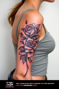 Bold half sleeve tattoo for women, on arm of a woman, wearing tank top, front view, high quality, detailed