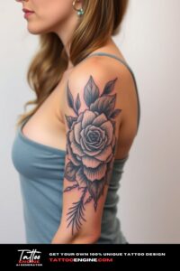 Bold half sleeve tattoo for women, on arm of a woman, wearing tank top, front view, high quality, detailed