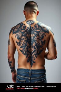 Bold tattoo, filling all back of a man, back view, wearing jeans, studio light, high quality, detailed