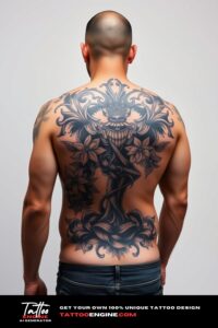 Bold tattoo, filling all back of a man, back view, wearing jeans, studio light, high quality, detailed