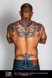 Bold tattoo, filling all back of a man, back view, wearing jeans, studio light, high quality, detailed