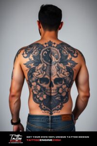 Bold tattoo, filling all back of a man, back view, wearing jeans, studio light, high quality, detailed