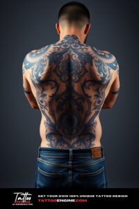 Bold tattoo, filling all back of a man, back view, wearing jeans, studio light, high quality, detailed