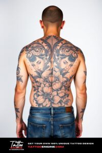 Bold tattoo, filling all back of a man, back view, wearing jeans, studio light, high quality, detailed